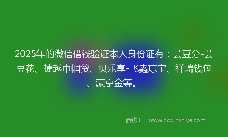 2025年的微信借钱验证本人身份证有：芸豆分-芸豆花、捷越巾帼贷、贝乐享-飞鑫琼宝、祥瑞钱包、蒙享金等。
