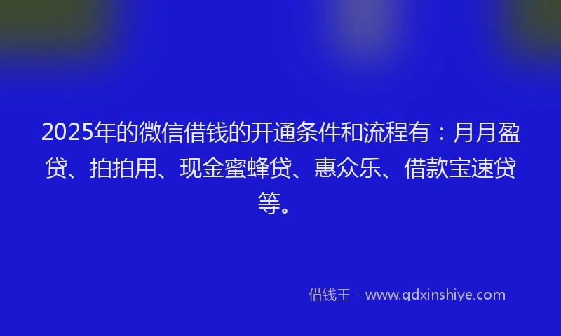2025年的微信借钱的开通条件和流程有：月月盈贷、拍拍用、现金蜜蜂贷、惠众乐、借款宝速贷等。