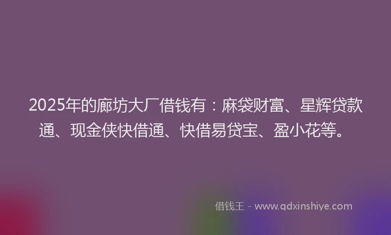 2025年的廊坊大厂借钱有：麻袋财富、星辉贷款通、现金侠快借通、快借易贷宝、盈小花等。