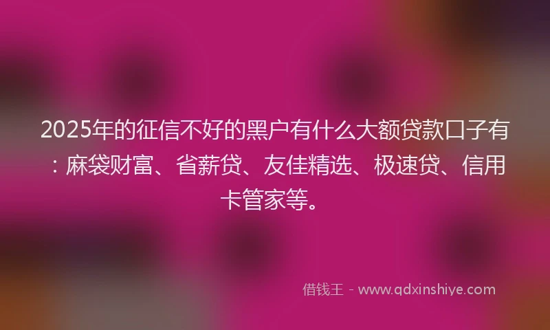 2025年的征信不好的黑户有什么大额贷款口子有：麻袋财富、省薪贷、友佳精选、极速贷、信用卡管家等。