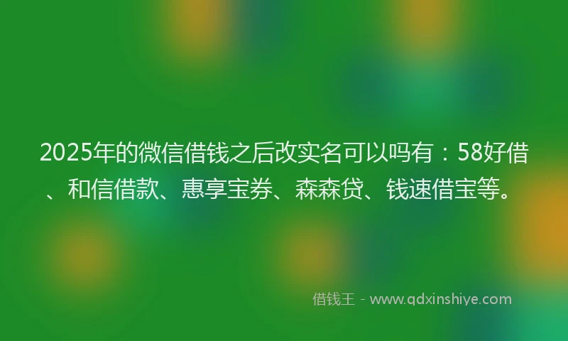 2025年的微信借钱之后改实名可以吗有：58好借、和信借款、惠享宝券、森森贷、钱速借宝等。