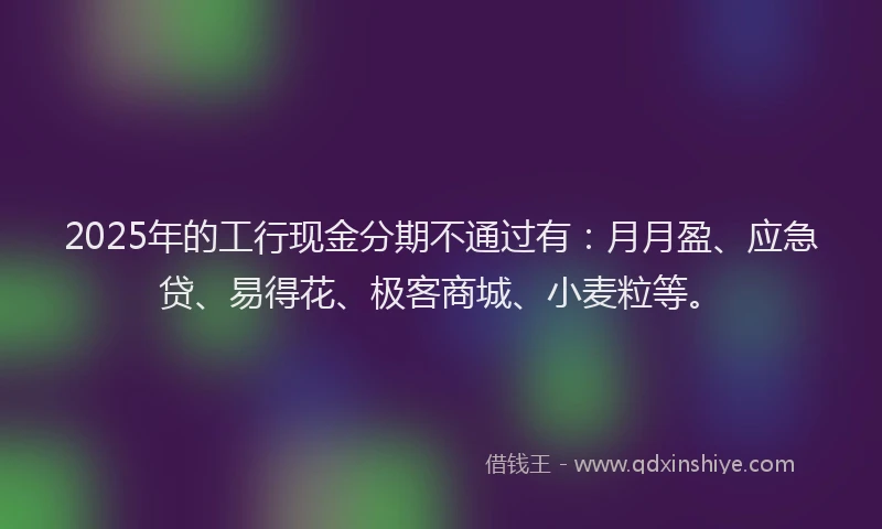 2025年的工行现金分期不通过有：月月盈、应急贷、易得花、极客商城、小麦粒等。