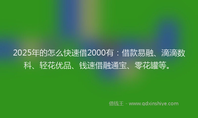 2025年的怎么快速借2000有：借款易融、滴滴数科、轻花优品、钱速借融通宝、零花罐等。