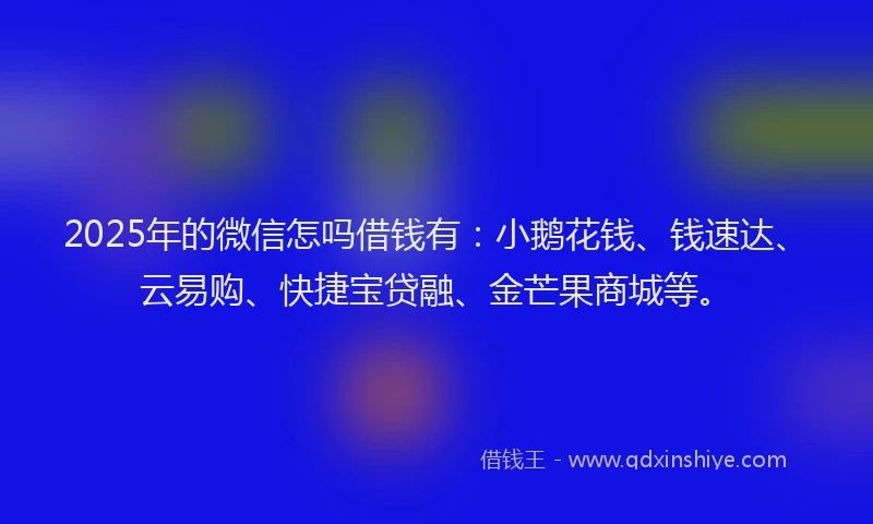 2025年的微信怎吗借钱有：小鹅花钱、钱速达、云易购、快捷宝贷融、金芒果商城等。