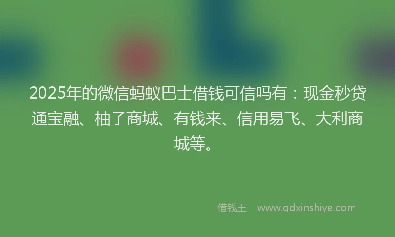 2025年的微信蚂蚁巴士借钱可信吗有：现金秒贷通宝融、柚子商城、有钱来、信用易飞、大利商城等。
