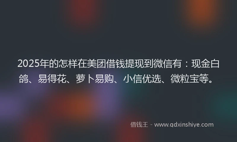2025年的怎样在美团借钱提现到微信有：现金白鸽、易得花、萝卜易购、小信优选、微粒宝等。