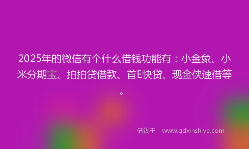 2025年的微信有个什么借钱功能有：小金象、小米分期宝、拍拍贷借款、首E快贷、现金侠速借等。