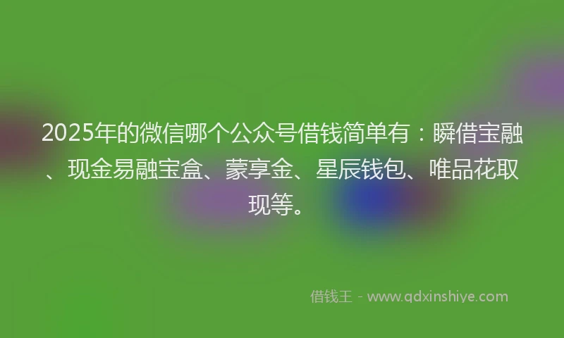 2025年的微信哪个公众号借钱简单有：瞬借宝融、现金易融宝盒、蒙享金、星辰钱包、唯品花取现等。