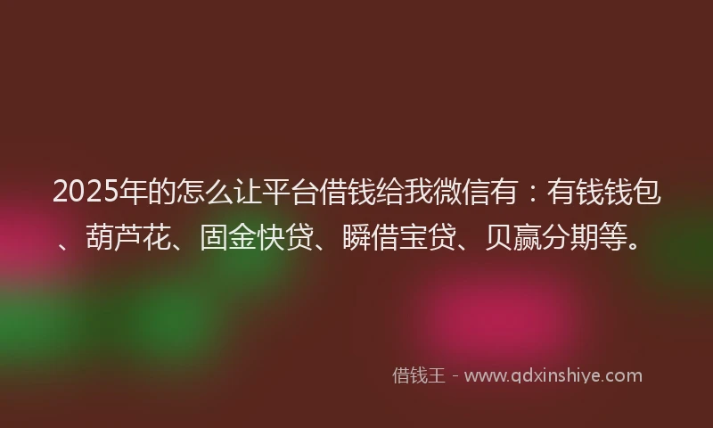 2025年的怎么让平台借钱给我微信有：有钱钱包、葫芦花、固金快贷、瞬借宝贷、贝赢分期等。