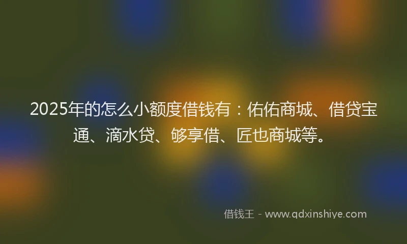 2025年的怎么小额度借钱有：佑佑商城、借贷宝通、滴水贷、够享借、匠也商城等。