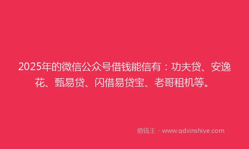 2025年的微信公众号借钱能信有：功夫贷、安逸花、甄易贷、闪借易贷宝、老哥租机等。