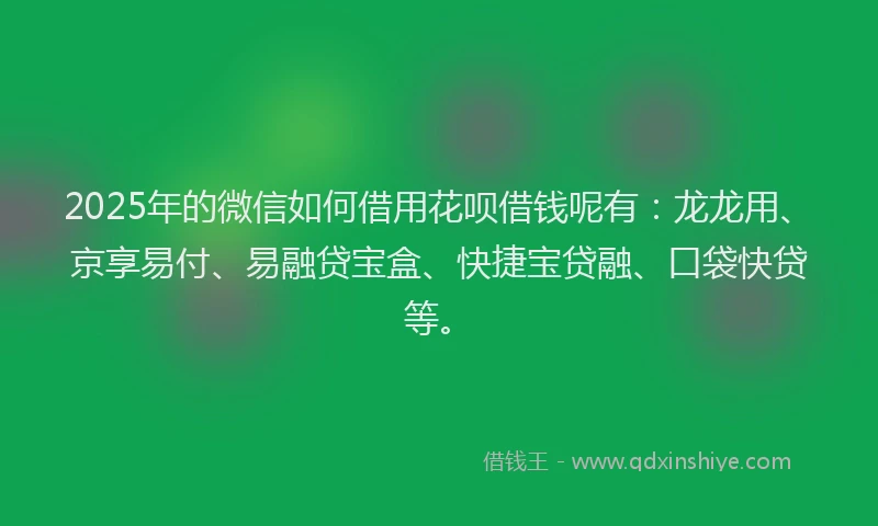 2025年的微信如何借用花呗借钱呢有：龙龙用、京享易付、易融贷宝盒、快捷宝贷融、口袋快贷等。
