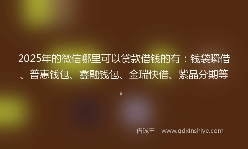2025年的微信哪里可以贷款借钱的有：钱袋瞬借、普惠钱包、鑫融钱包、金瑞快借、紫晶分期等。