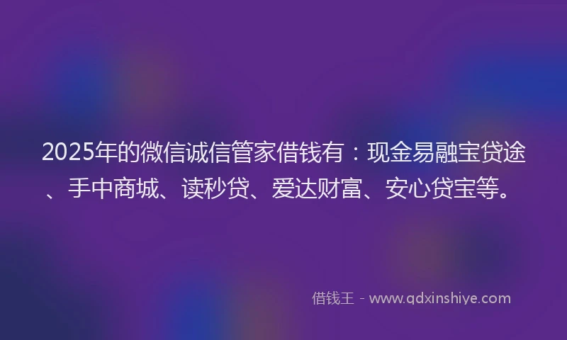 2025年的微信诚信管家借钱有：现金易融宝贷途、手中商城、读秒贷、爱达财富、安心贷宝等。