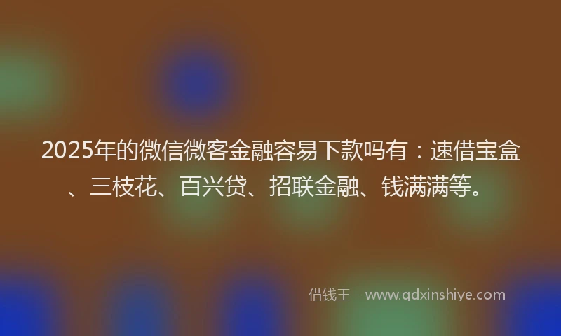 2025年的微信微客金融容易下款吗有：速借宝盒、三枝花、百兴贷、招联金融、钱满满等。
