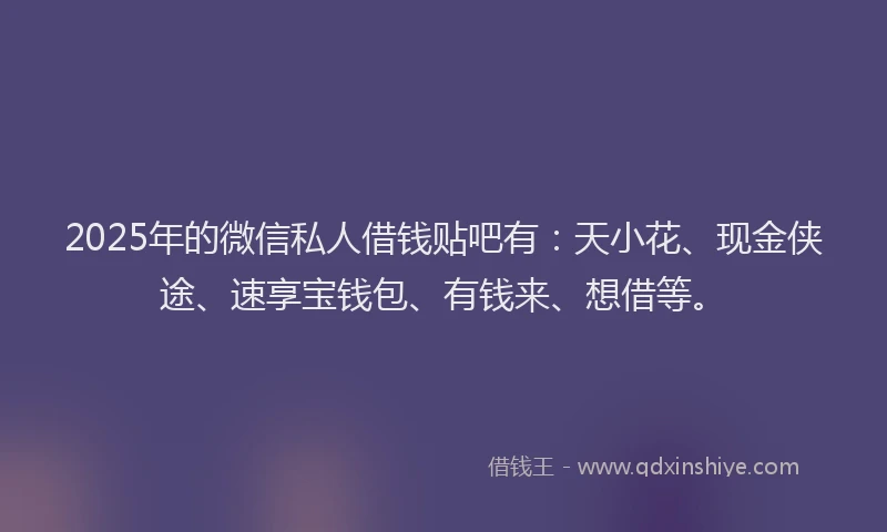 2025年的微信私人借钱贴吧有：天小花、现金侠途、速享宝钱包、有钱来、想借等。