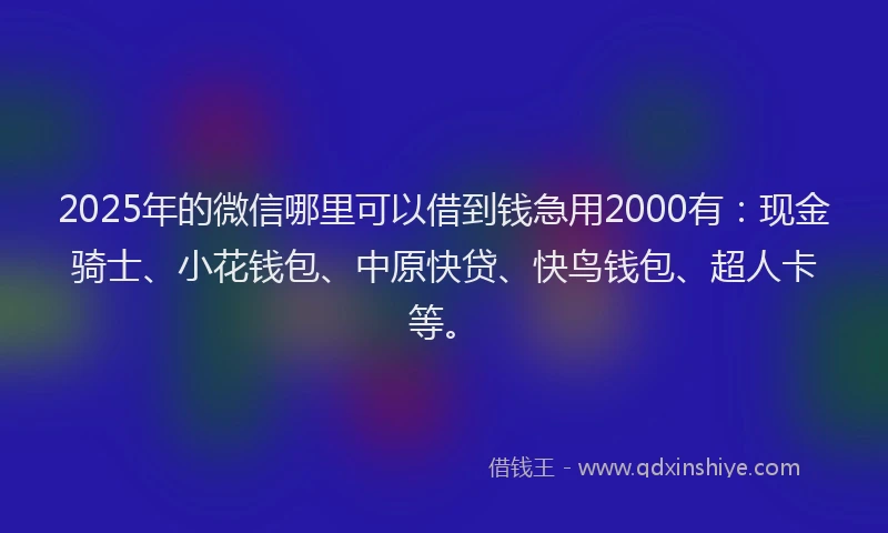 2025年的微信哪里可以借到钱急用2000有：现金骑士、小花钱包、中原快贷、快鸟钱包、超人卡等。