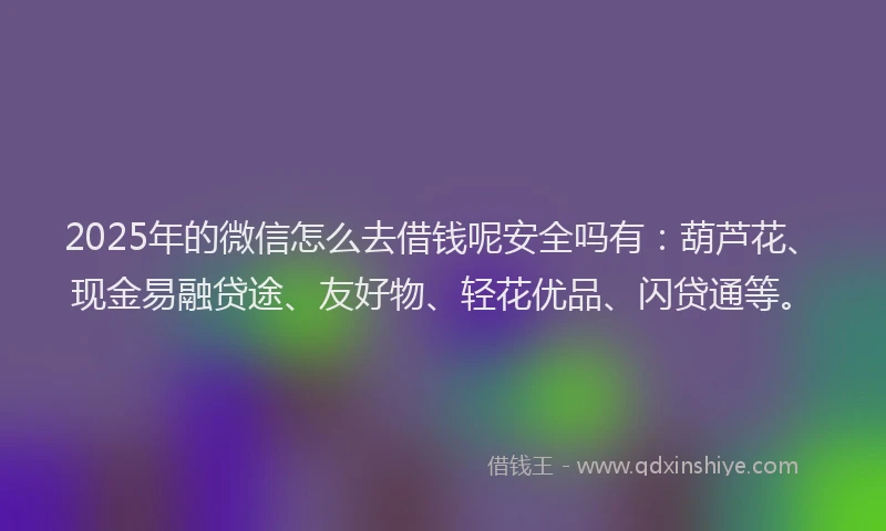 2025年的微信怎么去借钱呢安全吗有：葫芦花、现金易融贷途、友好物、轻花优品、闪贷通等。