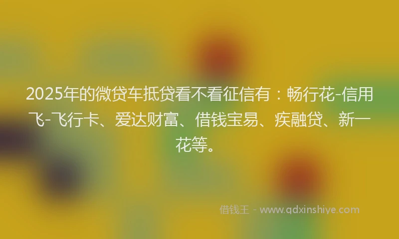 2025年的微贷车抵贷看不看征信有：畅行花-信用飞-飞行卡、爱达财富、借钱宝易、疾融贷、新一花等。