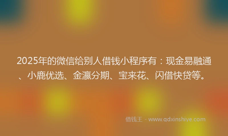 2025年的微信给别人借钱小程序有：现金易融通、小鹿优选、金瀛分期、宝来花、闪借快贷等。