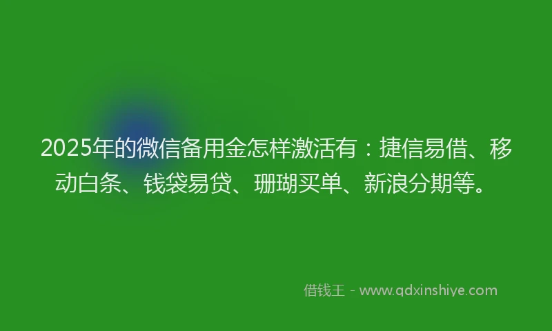 2025年的微信备用金怎样激活有：捷信易借、移动白条、钱袋易贷、珊瑚买单、新浪分期等。