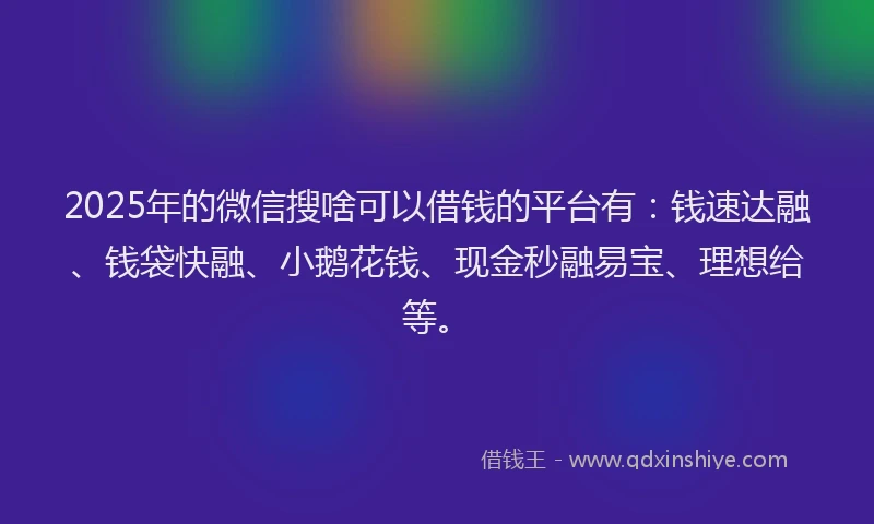 2025年的微信搜啥可以借钱的平台有：钱速达融、钱袋快融、小鹅花钱、现金秒融易宝、理想给等。