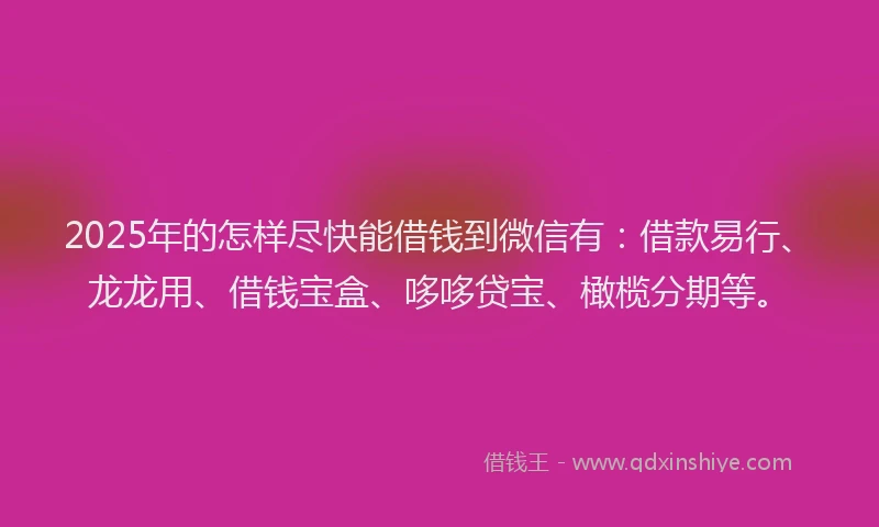 2025年的怎样尽快能借钱到微信有：借款易行、龙龙用、借钱宝盒、哆哆贷宝、橄榄分期等。