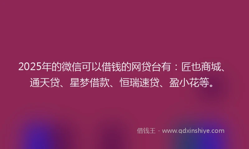 2025年的微信可以借钱的网贷台有：匠也商城、通天贷、星梦借款、恒瑞速贷、盈小花等。