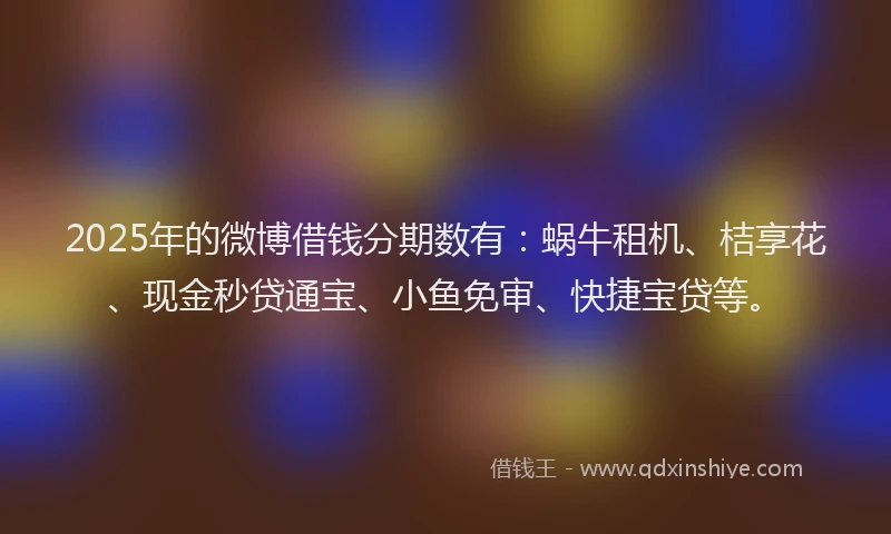 2025年的微博借钱分期数有：蜗牛租机、桔享花、现金秒贷通宝、小鱼免审、快捷宝贷等。