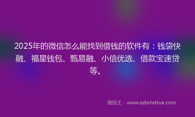 2025年的微信怎么能找到借钱的软件有：钱袋快融、福星钱包、甄易融、小信优选、借款宝速贷等。