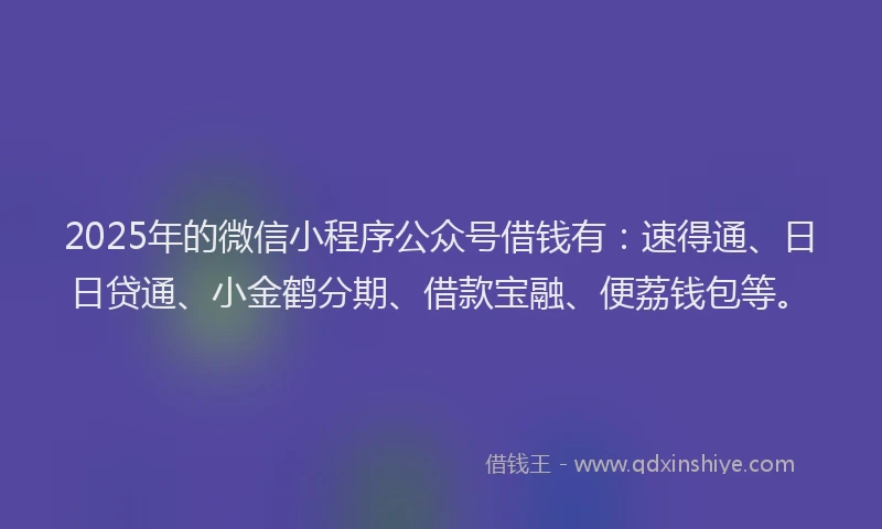 2025年的微信小程序公众号借钱有：速得通、日日贷通、小金鹤分期、借款宝融、便荔钱包等。