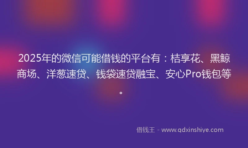 2025年的微信可能借钱的平台有：桔享花、黑鲸商场、洋葱速贷、钱袋速贷融宝、安心Pro钱包等。