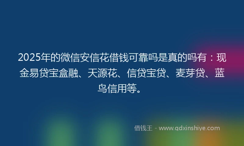 2025年的微信安信花借钱可靠吗是真的吗有：现金易贷宝盒融、天源花、信贷宝贷、麦芽贷、蓝鸟信用等。