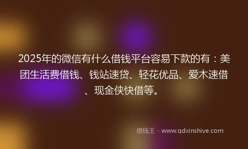 2025年的微信有什么借钱平台容易下款的有：美团生活费借钱、钱站速贷、轻花优品、爱木速借、现金侠快借等。