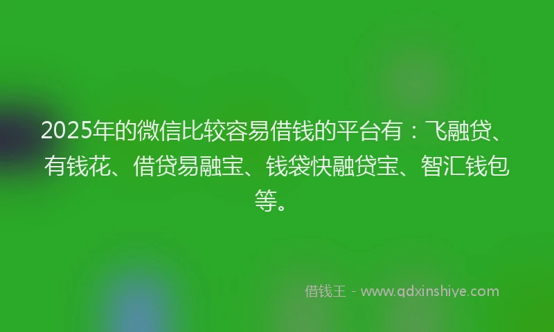 2025年的微信比较容易借钱的平台有：飞融贷、有钱花、借贷易融宝、钱袋快融贷宝、智汇钱包等。