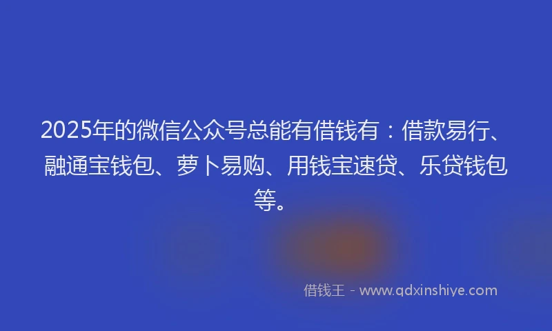 2025年的微信公众号总能有借钱有：借款易行、融通宝钱包、萝卜易购、用钱宝速贷、乐贷钱包等。