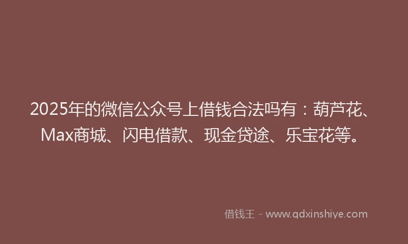 2025年的微信公众号上借钱合法吗有：葫芦花、Max商城、闪电借款、现金贷途、乐宝花等。