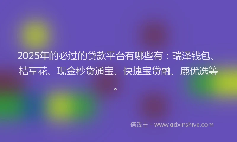 2025年的必过的贷款平台有哪些有：瑞泽钱包、桔享花、现金秒贷通宝、快捷宝贷融、鹿优选等。