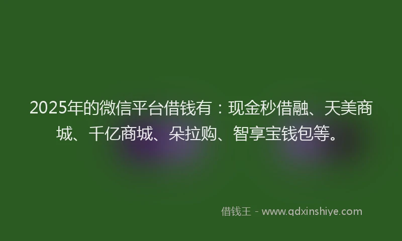 2025年的微信平台借钱有：现金秒借融、天美商城、千亿商城、朵拉购、智享宝钱包等。