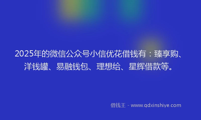 2025年的微信公众号小信优花借钱有：臻享购、洋钱罐、易融钱包、理想给、星辉借款等。