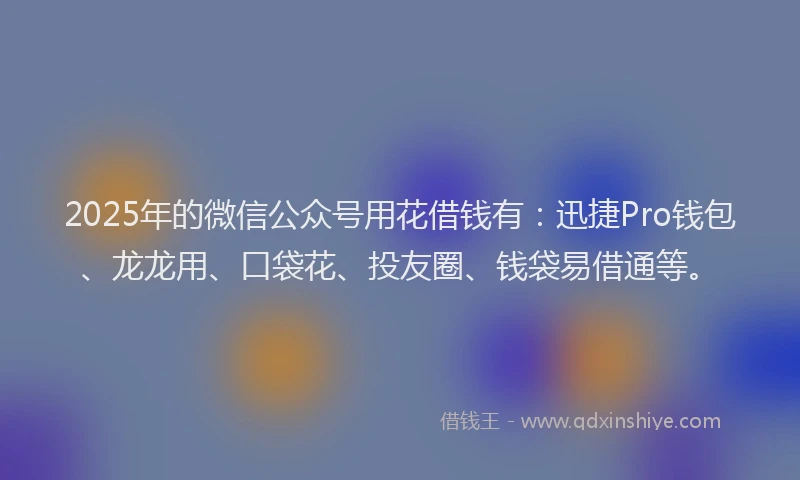 2025年的微信公众号用花借钱有：迅捷Pro钱包、龙龙用、口袋花、投友圈、钱袋易借通等。