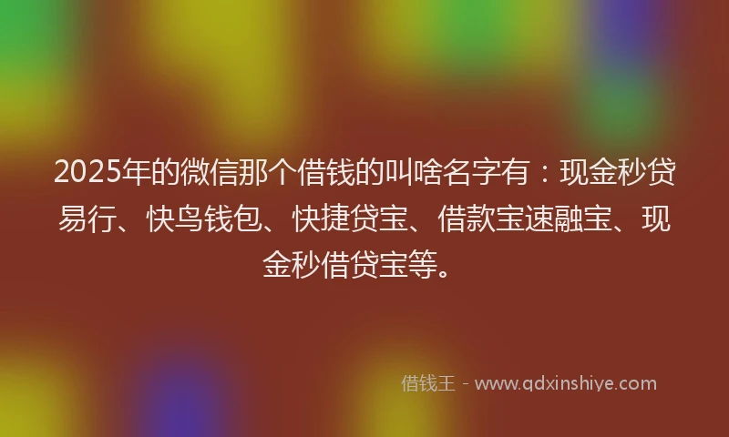 2025年的微信那个借钱的叫啥名字有：现金秒贷易行、快鸟钱包、快捷贷宝、借款宝速融宝、现金秒借贷宝等。
