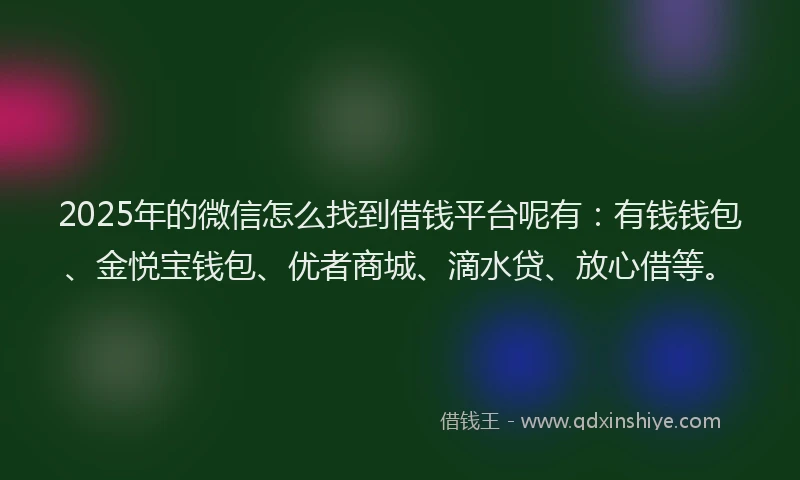 2025年的微信怎么找到借钱平台呢有：有钱钱包、金悦宝钱包、优者商城、滴水贷、放心借等。
