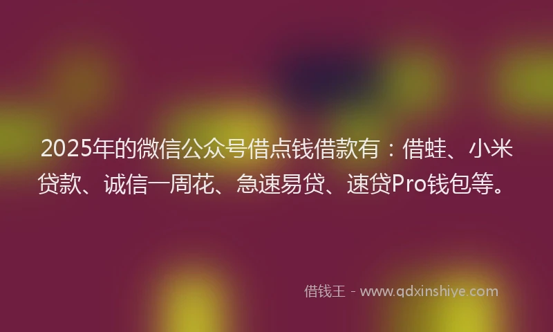 2025年的微信公众号借点钱借款有：借蛙、小米贷款、诚信一周花、急速易贷、速贷Pro钱包等。