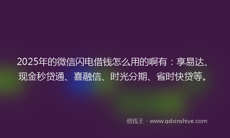 2025年的微信闪电借钱怎么用的啊有：享易达、现金秒贷通、喜融信、时光分期、省时快贷等。