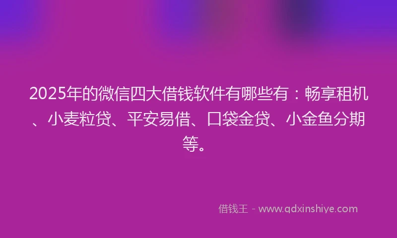 2025年的微信四大借钱软件有哪些有：畅享租机、小麦粒贷、平安易借、口袋金贷、小金鱼分期等。