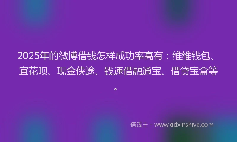 2025年的微博借钱怎样成功率高有：维维钱包、宜花呗、现金侠途、钱速借融通宝、借贷宝盒等。