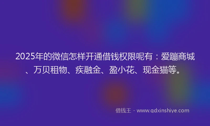 2025年的微信怎样开通借钱权限呢有：爱蹦商城、万贝租物、疾融金、盈小花、现金猫等。