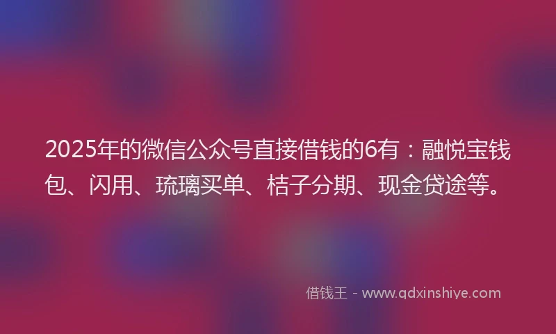 2025年的微信公众号直接借钱的6有：融悦宝钱包、闪用、琉璃买单、桔子分期、现金贷途等。