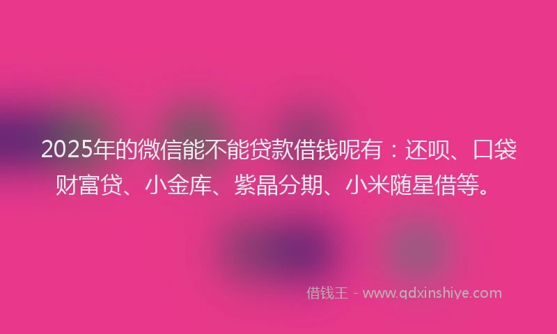 2025年的微信能不能贷款借钱呢有：还呗、口袋财富贷、小金库、紫晶分期、小米随星借等。